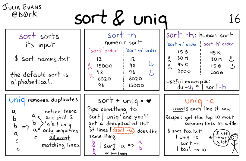 Julia Evans&rsquo; comic about sort and uniq